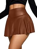 Brown Leather Skirt for Women High Waisted Mini Skirts Tummy Control Sexy Pleated Ruffle Hem S