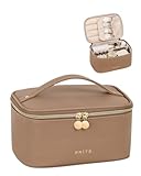 Prite Large Makeup Bag for Women Travel Cosmetic Case Waterproof PU Leather Toiletry Bag Portable Make Up Organiser with Handle and Removable Divider (Brown)