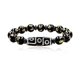 Zircobic Unique Black Agate Golden Plated Six Syllable Mantra Bead Blessing Bracelet, Classic 9 Eye Dzi Bead Meditation Prayer Bracelet, Men's Tibetan Buddhist Jewelry for Daily Wear
