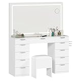 DWVO Vanity Table and Stool Set with LED Mirror, Makeup Desk with Adjustable 3-Colour Lighting, 11-Drawer Storage, Safety Glass Top & Built-in Plug Socket