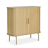 VonHaus Sideboard for Living Room - Tambour Cabinet with Sliding Doors & 3 Shelves - Modern Scandi Look Living Room Storage Cupboard - Light Wood Effect Slatted Side Board for Hallway - Landos