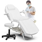 ONPNO Salon Beauty Bed with Stool, Adjustable 3-Section Massage Table with Storage Shelves, Professional Tattoo Chair, Facial Lash Bed for Client/Esthetician (White)