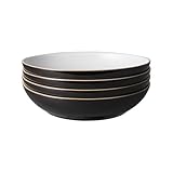 Denby - Elements Black Pasta Bowls Set of 4 - Dishwasher Microwave Safe Crockery 1050ml 22cm - Black, White Ceramic Stoneware Tableware - Chip & Crack Resistant