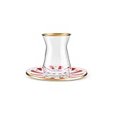 Karaca Bursa Turkish Tea Glasses Set, 12-Piece Tea Glass, Tea Set for 6 People (Cay Bardagi Set), Tea Glasses with Traditional Design in Red, Red Plate with Fine Details