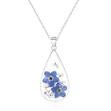 925 Sterling Silver Forget-Me-Not Pressed Flower Silver Necklace | Teardrop Pendant Necklace | Symbol of Everlasting Love and Memory | Mother's Day Gift for Woman | 18''