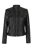 Ladies Biker Jacket Vintage Real Leather Zipped Fit Nehru Collar Japanese Style - Black XXL