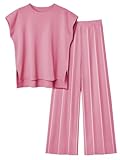 Veriliss Two Piece Outfits for Women Co Ord Sets Knited Sweater Set Tracksuit Pullover Tops Elastic Waisted Pants Lounge Wear(Pink,L)