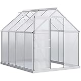 Outsunny 6 x 8ft Polycarbonate Greenhouse, Large Walk-In Greenhouse with Adjustable Roof Vent, Garden Green House with Galvanised Base, Sliding Door and Rain Gutter, Silver Tone