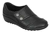 Cushion Walk Wide Fitting EEE Fit Black Shoes Women's Ladies Lightweight Faux Leather Slip-on Flats, Casual Work Office Comfort Shoes, with Double Button Detail (6 UK, Black)
