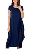 STAR FASHION Parachute Midi Dress Womens Italian Lagenlook Tulip Long Summer Dresses Stretchy Cap Sleeve Ladies Plain Round Neck Midi One Size Navy