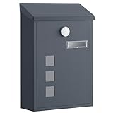 SONGMICS Post Box, Wall Mounted Letterbox, Mailbox with Sloped Roof, Copper Lock Cylinder, Swivel Cap, Viewing Windows, Nameplate, Easy to Install, 9 x 21.8 x 31.8 cm, Grey GMB032GZ01