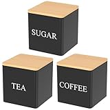 KTCINA 3Pcs Tea Coffee Sugar Canisters, 600ml Airtight Food Storage Jars with Bamboo Lid Square Kitchen Canister Set Metal Food Storage Container Bin for Coffee Sugar Tea Beans Grains (Black Square)
