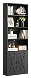IRONCK Bookcase 6-Tier, Bookshelf with Doors, 180cm Tall Living Room Bookcases, Display Shelf Storage, Freestanding Book Shelf Unit for Home Office, Dinning Room, 60x23.5x180cm (Black)