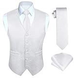 HISDERN White wedding waistcoat For Men's Paisley Waistcoats Jacquard Necktie Pocket Square Handkerchief Wedding Party Business Fit Vest Suit Set M