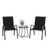 Amopatio Outdoor Bistro Set, Garden Stackable Chairs and Table, 3 Piece Garden Furniture Sets for Balcony, Porch, Backyard, Black
