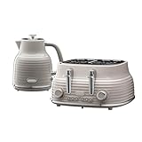 Daewoo Sienna Kettle and Toaster Set, 1.7L 3KW Rapid Boil Kettle & 4 Slice Wide Slot Toaster, Defrost, Reheat, Browning Control, Stylish Taupe Breakfast Bundle