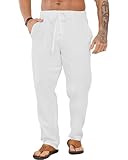 LVCBL Men's Long Linen Cotton Casual Beach Trousers Simple Summer Trousers for Men White M
