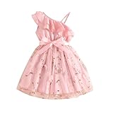 JiAmy Girls One Shoulder Dress Kids Summer Dresses Ruffle Tulle Floral Party Casual Dress with Belt for 6-7 Years, Pink