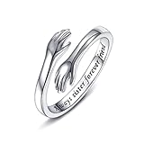 925 Sterling Silver Hug Rings for Women, I Love You Forever Love You Mother Gift Sister Gifts Engraved Words Hugging Hands Open Ring Friendship Jewelry Gift (Always sister forever friend)