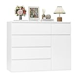 FOREHILL Bedroom Chest of Drawers White Chest of Drawers with 5 Drawers 1 Door Large Storage Cabinet Dresser Wide Sideboard for Living Room Hallway 100x40x80cm