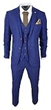 Mens Blue Brown Check 3 Piece Suit Tailored Fit Wedding Prom Races Prince of Wales - Blue 46