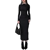 EMOTTOS Sexy Maxi Ruched Dress, Elegant Turtleneck Back Slit Bodycon Dress, Soft Maxi Swing Hem Long Sleeve Pencil Dresses for Cocktail Party (Black, S)