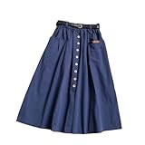 Gyios skirt Casual Cotton Midi Long Skirt Women Button Pocket Belt A Line High Waist Mid-length Skirt Female Elastic Women Skirts-blue-one Size