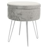 Harbour Housewares Velvet Round Foot Stool with Storage - Grey with Silver Legs - Modern Dressing Table Pouffe Footstool Vanity Seats Vanity Chairs Footstools for Living Room, Bedroom
