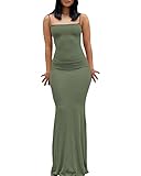 Women Spaghetti Strap Sleeveless Long Dress Solid Color Bodycon Fish Tail Dress Party Evening Maxi Dress (Green, S)