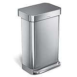 simplehuman CW2080 45L Rectangular Kitchen Pedal Bin with Liner Pocket, Silent Soft Close, Strong Pedal, Dent-Proof Lid, Brushed Stainless Steel with Grey Plastic Lid, W 40.5cm x H 65.5cm x D 33.8cm