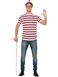 Smiffys Where's Wally Kit, Adults Red & White Hat, Knitted Scarf & Glasses, Official License Set with Tassel Detail Scarf, Perfect for a Themed Parties or World Book Day or Halloween