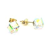 9ct Gold 4mm Aurora Borealis Cube Stud Earrings/Studs/AB/CZ/Earring