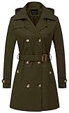 CREATMO US Women's Trench Coat Double-Breasted Classic Lapel Overcoat Belted Slim Outerwear Coat with Detachable Hood, Army Green, L