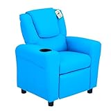 HOMCOM Kids Recliner, PU Leather Kids Armchair, Child Chair, Toddler Armchair with Adjustable Backrest, Footrest, Padded Headrest, Cup Holder, Blue