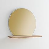 ARHome Round Bronzed Mirror with Shelf, 60 x 60 x 22 cm, Mirror with Shelf Aztec Oak