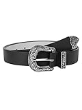 JowTreex Western-Leather-Belts-Women Vintage Waist-Belts with Hollow Out Flower Buckle (Black, Fit for wasit 30-39 inches)