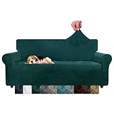 CHELZEN Velvet Couch Covers 3 Seater Thick Stretch Sofa Covers for Dogs Pets Non-Slip Sofa Slipcover Washable Furniture Protector for Living Room (3 Seater, Blackish Green)