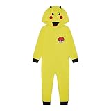 Pokémon Boys or Girls Hooded Fleece Onesie, Kids All in One Pyjamas, Pikachu with 3D Ears, Yellow, Age 4-5 Years
