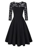 KOJOOIN Women's Floral Lace Dress Round Neck Cocktail Party Dress Vintage Swing Dress Black-01 Long Sleeve M