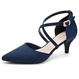 Greatonu Womens Ladies Pointed Toe Court Shoes Cross Strap Kitten Mid Low Heel Wedding Party Bridal Pumps Blue UK 5.5