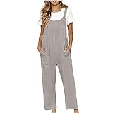 TURWXGSO Cotton Linen Dungarees for Women Loose Fit Ladies Baggy Overalls - Sleeveless Bib Overalls with Pockets, Plus Size Wide Leg Casual Jumpsuit & Playsuit