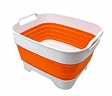 SAMMART 7.5L Collapsible Dishpan with Draining Plug - Foldable Washing Basin - Portable Dish Washing Tub - Space Saving Kitchen Storage Tub (White/Orange)