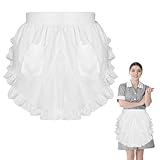 QTMMC Half White Apron 2 Pockets Frilly Waitress Apron for Women Ruffle Maid Apron Cosplay Waist Victorian Apron for Kitchen Cooking Restaurant Coffee Shop Party Costumes Dress Accessory