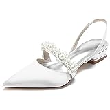 LRMYMHY Women Satin Slingback Bridal Shoes Ballet Flats Shoes Pearl Pointed Toe Wedding Party Dress Pumps,White,9 UK