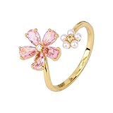 Mikovivi Gold Dainty Flower Ring for Women, Pink Sparkling Cubic Zirconia Stone Daisy Open Ring Adjustable Wrap Finger Band Pearl Engagement Promise Rings Statement Jewelry Gift