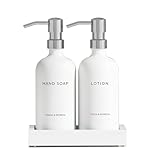 Soap Dispenser Bathroom Set - Hand Soap and Lotion Dispenser Set with Tray, Modern Bathroom Decor & Accessories. (Silver)