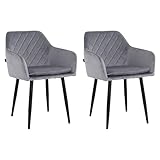 Mevsim Store Dining Chairs Set of 2 Grey - Velvet Dining Chairs with Armrests - Ideal for Living Room, Office, and Dining Room Chairs - Velvet Kitchen Chair - Dining Chairs with Black Metal Legs