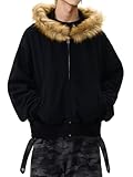RSGMU Men Hoodie Zip Up Y2k Zip Up Hoodie Fur Hooded Jacket Warm Winter Coat for Men with Hood Fur Collar Streetwear, Black, M