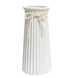 White Ceramic Ribbed Vases for Minimalist Modern Home Decor, Decorative Flowers Vase for Wedding Dinner Table Office Bedroom - 10 Inch / 25 CM