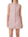 Tweed Dress Woman Sleeveless Bodycon Jackie O Dresses Crew Neck Elegant Button Down Mini Dress, Light Purple, XL